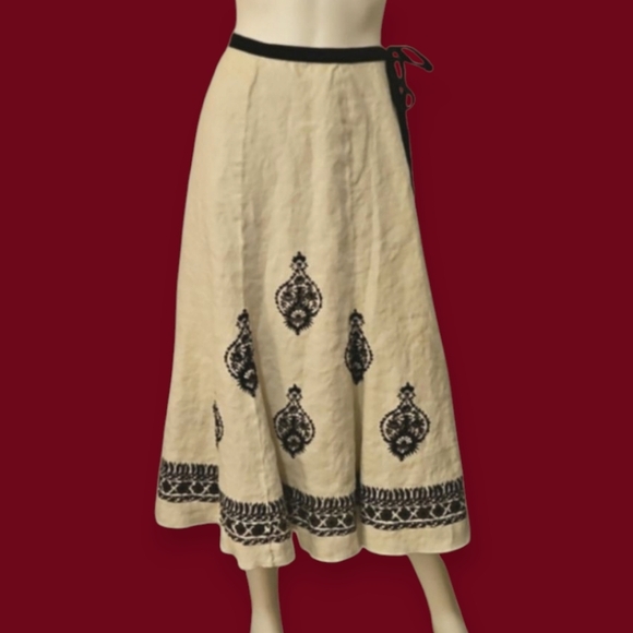 VTG KAREN KANE 1990s Ivory Damask Sequin Linen Tie Waist Godet Land Girl Skirt - Picture 1 of 13